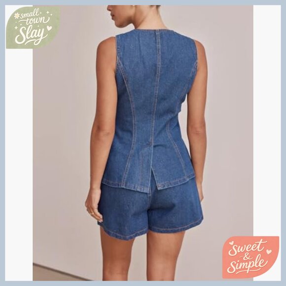 Slim Fit Denim Vest with Pockets, Crew Neck, Button Closure, Large - Picture 4 of 7